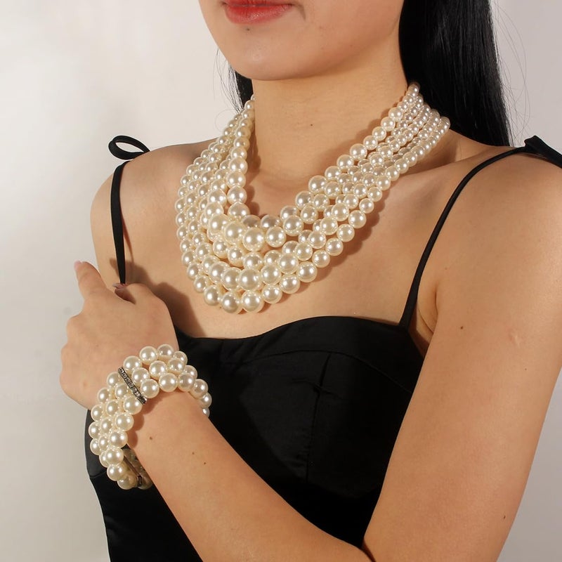 KOSMOS-LI Multi Layer Pearl Strand Necklace Bracelet And Earring Faux Ivory Pearl Women Jewelry Set Stocking Stuffers - Image 3